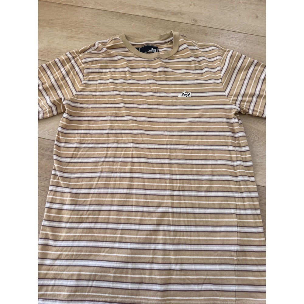 Lost Enterprises T Shirt Mens Medium Tan Striped Good Embroidered Logo Surf272